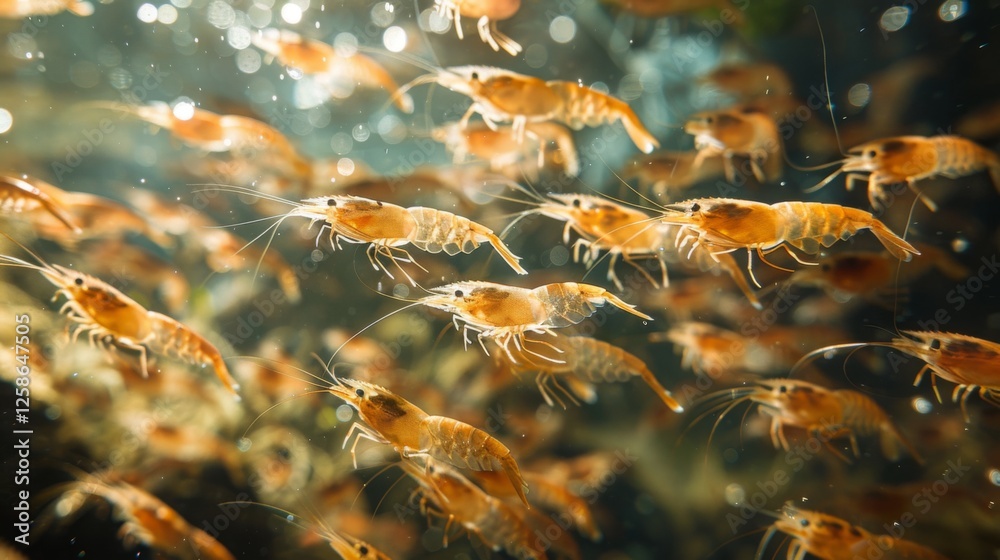 Poster a multitude of orange shrimp swims gracefully in clear water, surrounded by bubbles and soft sunligh