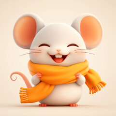 Naklejka premium Cute happy beautiful white mouse in orange scarf on light background, 3d illustration 