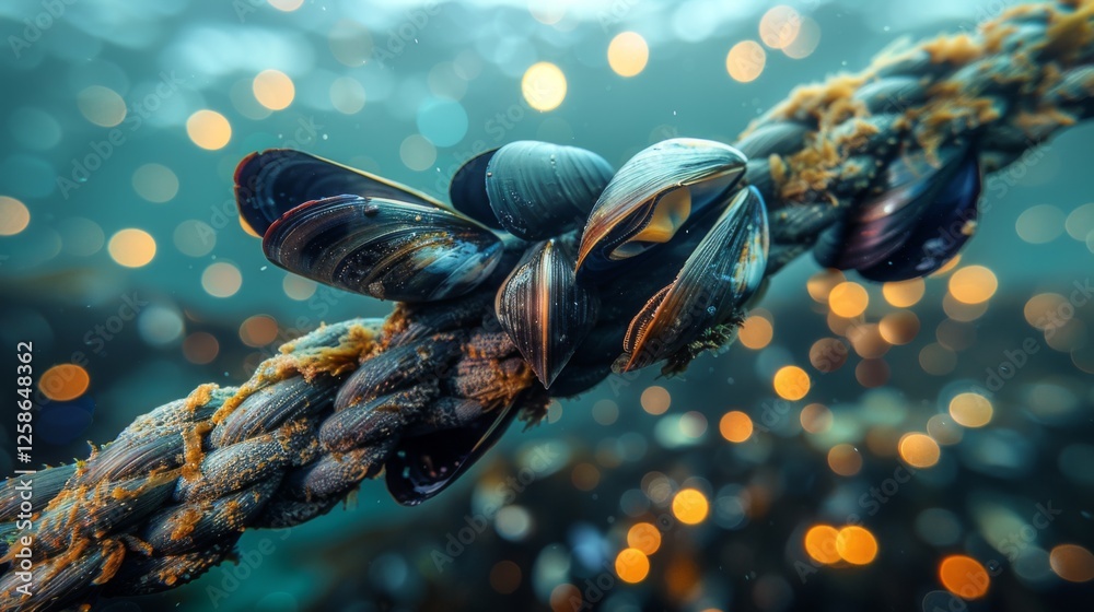 Poster Colorful mussels cling to a wet rope underwater, surrounded by rays of light filtering through the water and creating a shimmering effect in a coastal setting.