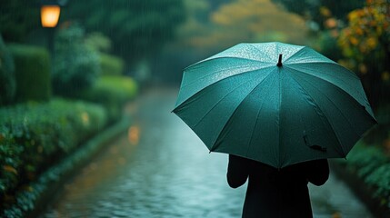 Person holding a dark umbrella walks down a rainy, secluded pathway lined with greenery in a tranquil park during a foggy evening