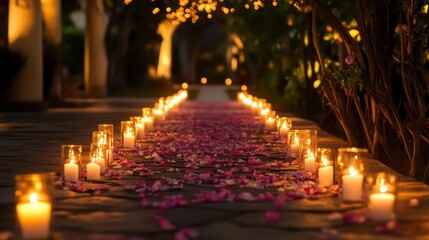 A pathway lined with lit candles and flower petals in a romantic setting.