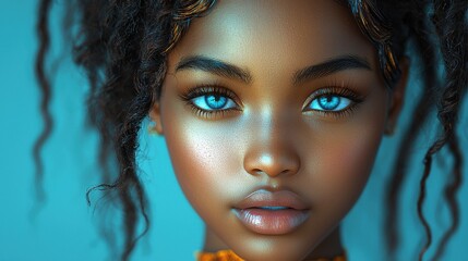 Fototapeta premium Captivating portrait of a young woman with striking blue eyes and textured hair against a vibrant blue background