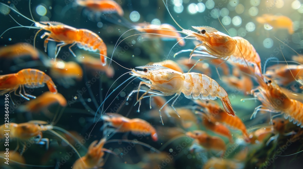 Aufkleber A lively group of shrimps move dynamically amongst the water, creating a captivating display as the sunlight reflects beautifully on their bodies, enhancing the underwater view.