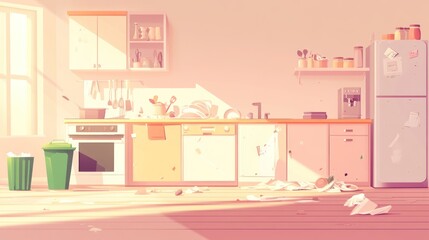 Messy kitchen interior, sunlit, clutter, dishes