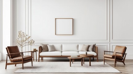 Minimalist twostory living room with white walls, wooden flooring, and elegant Scandinavian furniture