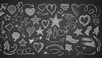 Sketch line arrow element, star, heart shape on chalkboard background. Hand drawn doodle sketch style circle, cloud speech bubble grunge element. Arrow, star, heart decoration. perfect any project.