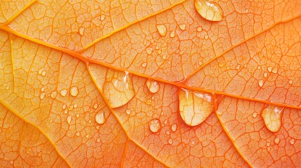 Obraz premium Close-up of vibrant orange leaf with dew drops and intricate veins