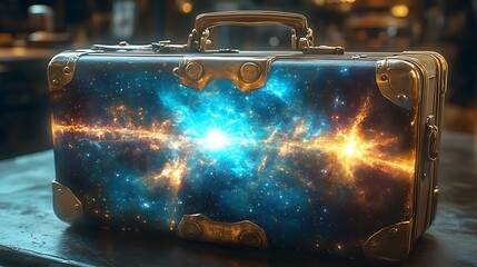 Whimsical suitcase with cosmic energy radiating from within