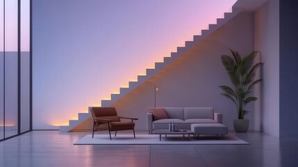 Abstract modern twostory home with asymmetric architecture, avantgarde furniture, and LED mood lighting