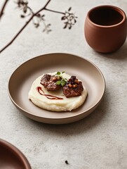 A beautifully plated gourmet dish featuring grilled meat on creamy mashed potatoes, garnished with sauce, microgreens, and nuts in a minimalist setting.