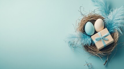 Easter posters or design flyers, Card, Banner with colorful eggs and golden eggs spring flowers eggs in the nest on  background.