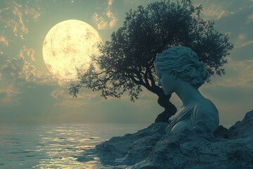 Serene Sculpted Woman by Moonlight Coastal Cliffside Tranquil Ocean Full Moon