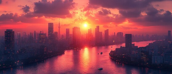 Fototapeta premium A Vibrant Sunset Over a Cityscape with a River Flowing Through It