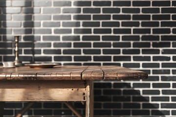 Rustic Wooden Table Against Dark Brick Wall, Sunlight Beams