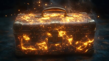 Majestic old suitcase with luminous golden lights swirling