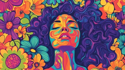 Vibrant psychedelic portrait of a woman surrounded by flowers.