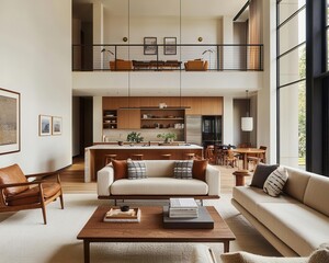 Fototapeta premium Midcentury modern twostory living space with vintage furniture, retro patterns, and warm lighting