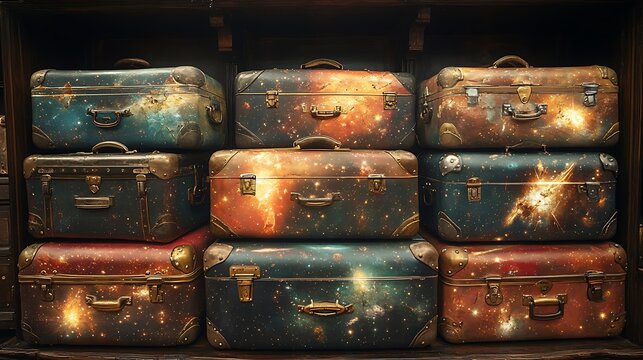 Worn luggage brimming with radiant cosmic enchantment
