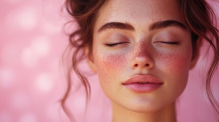 Fototapeta premium Beautiful young woman with closed eyes expressing tranquility against a soft pink background in a serene moment of relaxation
