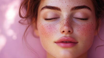 Freckled young woman with closed eyes resting against soft pink background while enjoying calm moment in a serene atmosphere