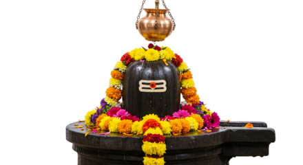 offering puja to Shivlinga or Shivlingam, Jalabhishek Rudrabhishek of Lord Shiva, with water, milk, Ganges water, Hindu religion festival maha shivratri concept, cutout in transparent background, png 