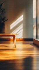 Fototapeta premium Warm sunlight streaming through window creates dramatic diagonal shadows on wooden floor and wall, with minimalist furniture and potted plant in cozy interior space.