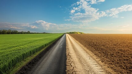 Contrasting landscape with green field and arid soil divided by road under blue sky