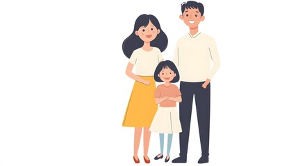 94. A family of three, mother, father, and their daughter, all smiling together and standing on a white background.