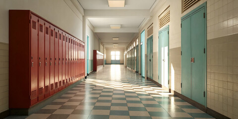 Empty School Corridor With Red Lockers And Sunlight