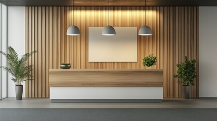 Modern office reception desk, wood wall, plants, blank sign