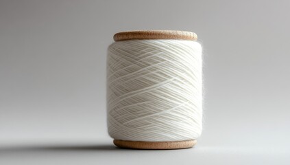 White sewing thread on a wooden spool against a neutral background perfect for crafting and textile projects
