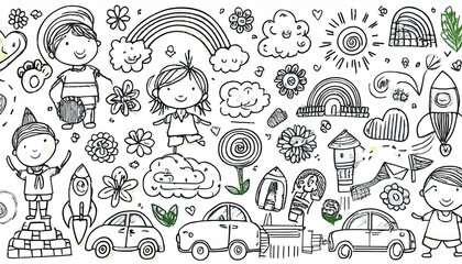 Hand drawn cute kid icon set background. Cute drawn sketch style doodle kid element rainbow, car, rocket, flower. Line pencil kid element. perfect any project.