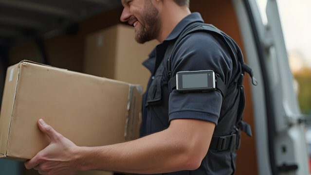 Delivery driver with tracking device. Real-time package tracking technology. Man in delivery service uniform. Efficient logistics and shipment monitoring.