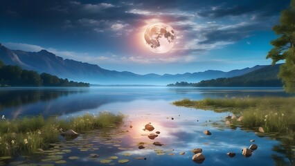 "Enchanted Moonlit Lake: A Tranquil Nightscape with Majestic Mountains, Glowing Full Moon, Reflective Waters, Floating Lilies, Whispering Breeze, Starry Sky, and Lush Greenery&mdash;A Dreamlike Serenity of 