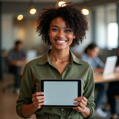 Smiling African American woman with afro hair presenting blank tablet screen in bright office environment  UYT76R