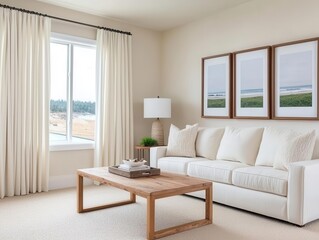 Coastalinspired twostory living room with breezy white curtains, wooden accents, and oceanview windows
