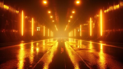 Wet road, neon tunnel, night, orange lights, fog, background, urban, futuristic, cinematic