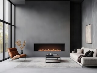 Sleek minimalist luxury twostory living space with a floating fireplace, soft textures, and a sophisticated atmosphere