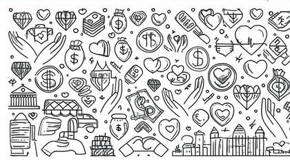 Charity hand, money, care heart doodle line icon. Charity donate, support, blood donor concept icon set. Volunteer heart, donate food hand drawn doodle sketch style line. perfect any project.