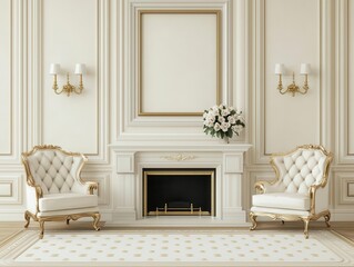 European classic twostory living room with a grand fireplace, antique furniture, and highend artwork