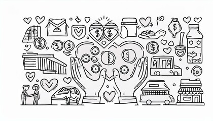 Charity hand, money, care heart doodle line icon. Charity donate, support, blood donor concept icon set. Volunteer heart, donate food hand drawn doodle sketch style line. perfect any project.