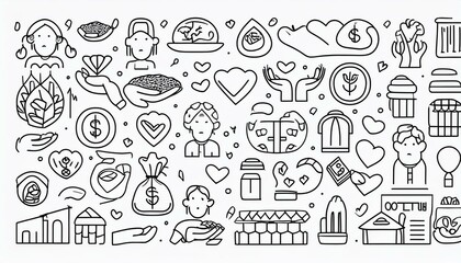 Charity hand, money, care heart doodle line icon. Charity donate, support, blood donor concept icon set. Volunteer heart, donate food hand drawn doodle sketch style line. perfect any project.