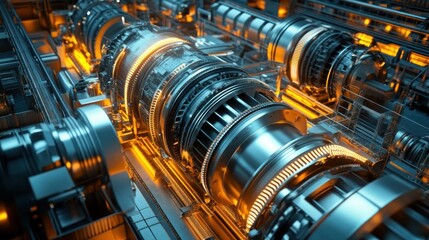 Fototapeta premium Close-up of complex industrial machinery, glowing orange and metallic.