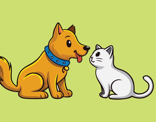 A cute cat and dog friendship simple flat design vector.