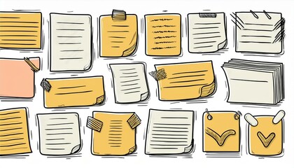 Hand drawn set of paper memo sticky. Doodle sketch style. Reminder paper sticker for pin notice, text. perfect any project.