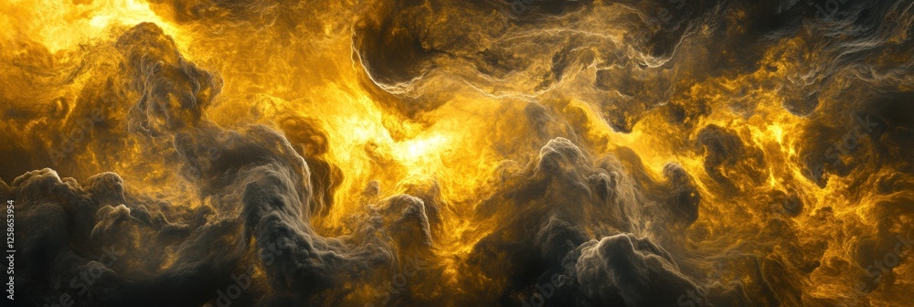 Poster swirling clouds of yellow and gray in the dense atmosphere of venus illuminated by glowing sunlight.