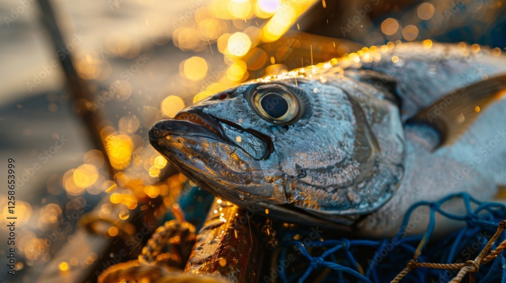 Poster a large, glistening fish lies on a net after being caught, with water droplets sparkling in the sunl