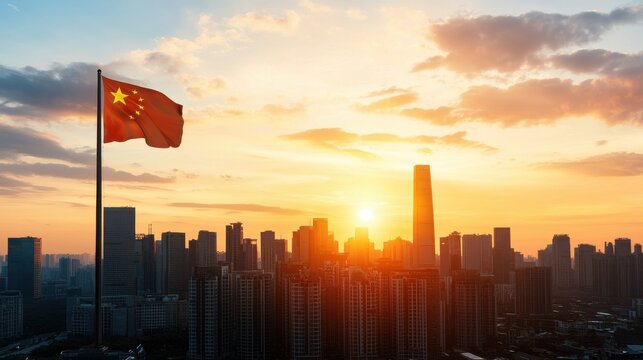 A stunning sunset over a city skyline, featuring the Chinese flag prominently waving against the backdrop of skyscrapers and an orange sky.