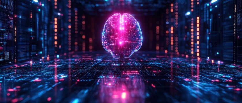 Digital Brain Hologram in Neon Lights and Server Room