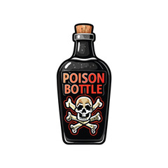 Create a detailed vector illustration of a poison bottle featuring a skull and crossbones label.  Style should be vintage, dark, and slightly gothic.